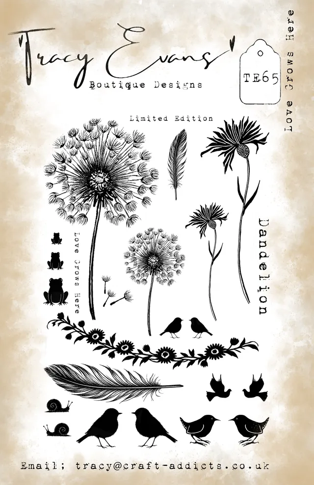 Tracy Evans Design TE065 Love Grows Here stempel A5 løvetann