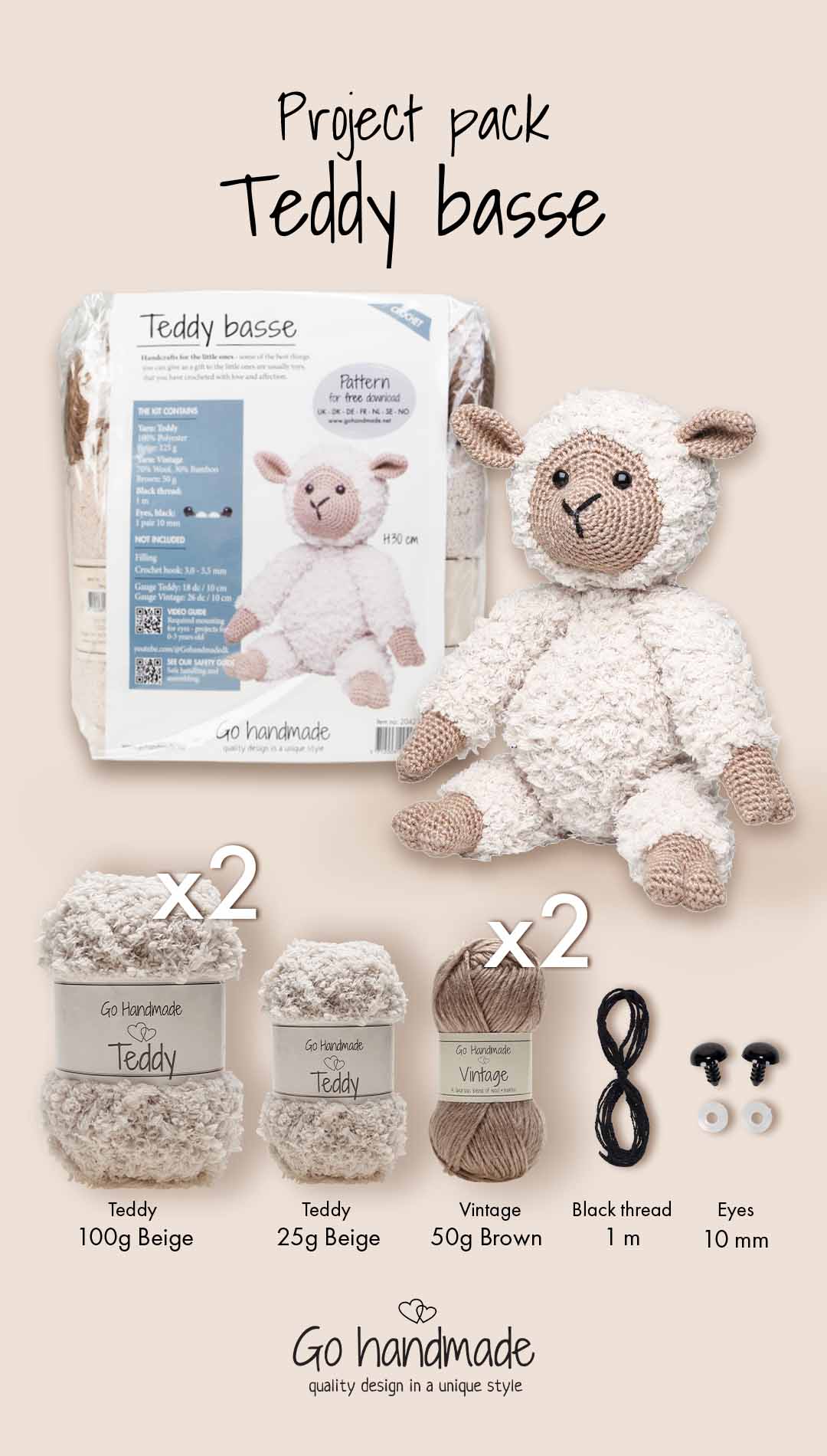 Go Handmade Teddy Basse heklesett bamse 30 cm beige