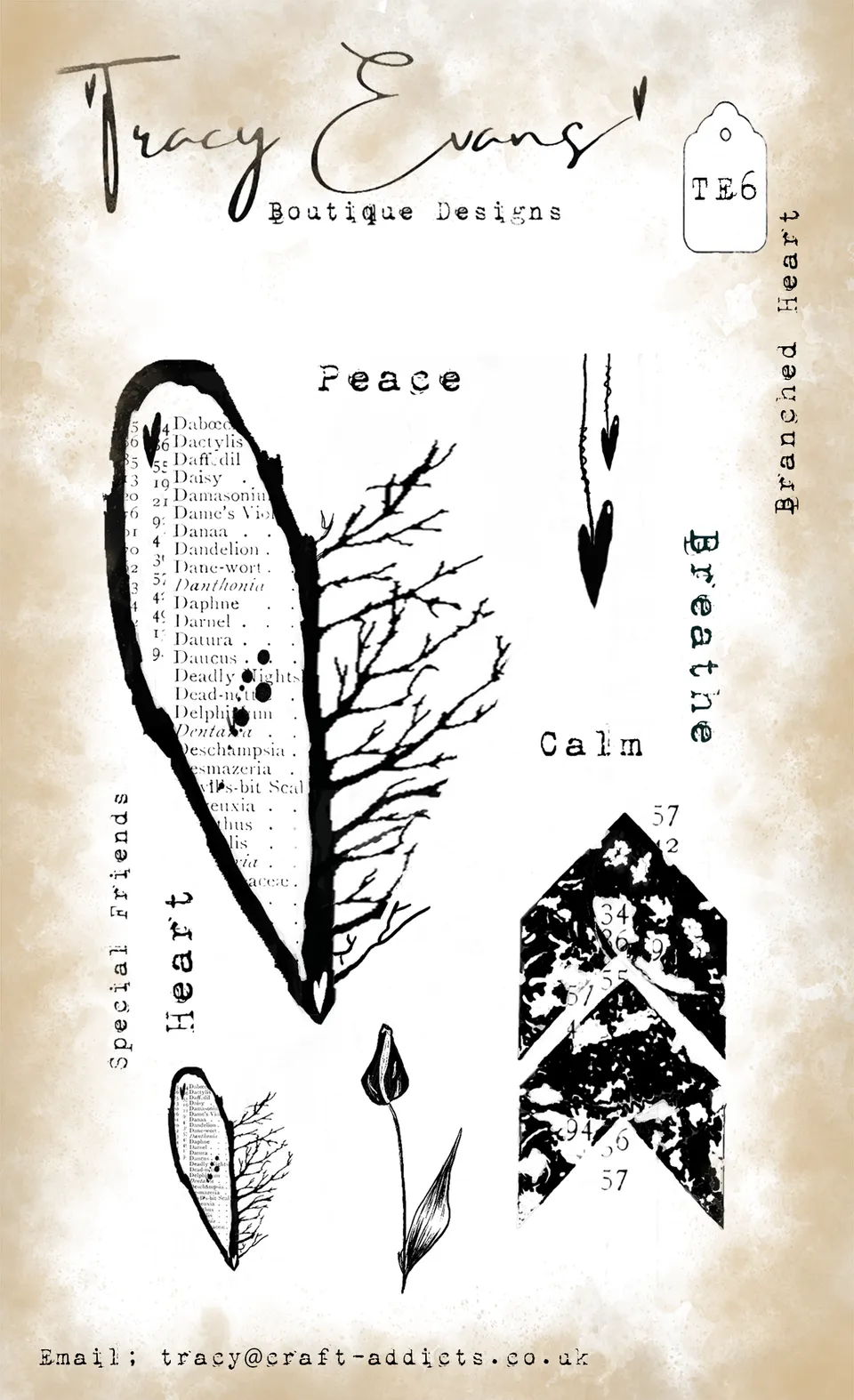 Tracy Evans Design TE006 Branched Heart stempel A6 hjerte