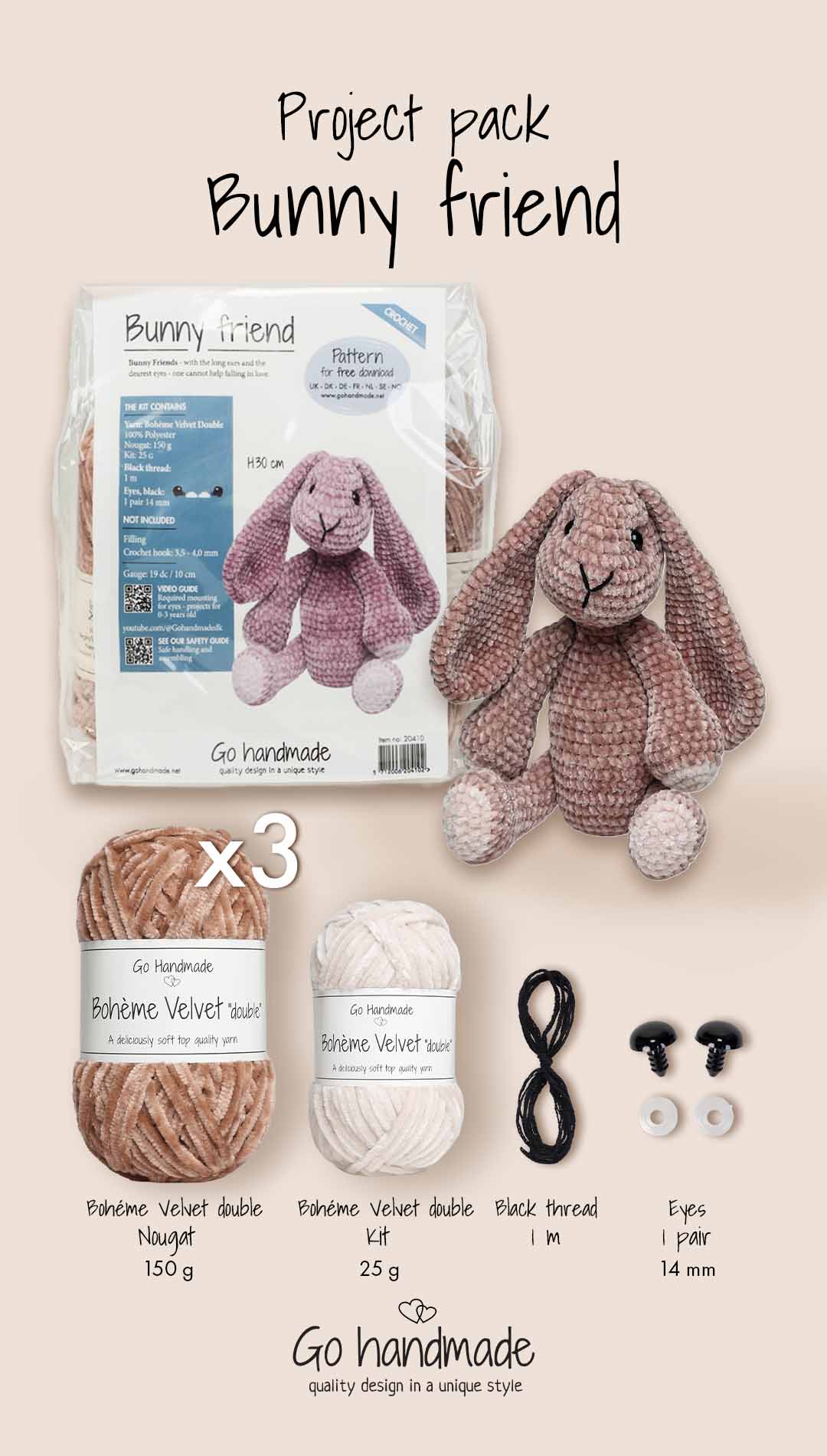 Go Handmade Bunny Friend heklesett 30 cm velur brun
