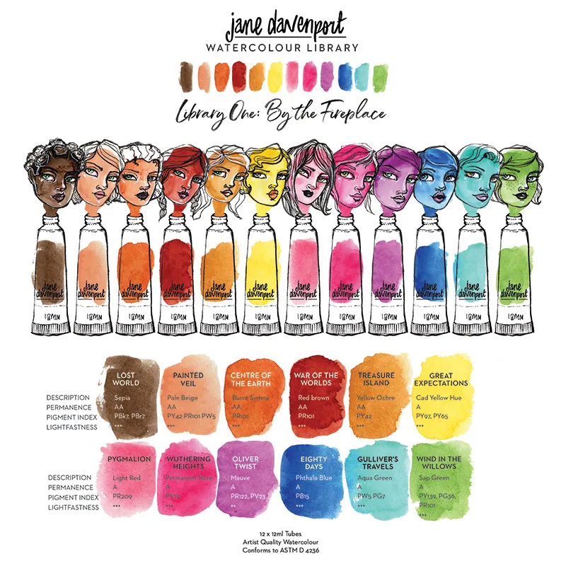 Jane Davenport Colour Library Set 1 akvarellmaling tuber varme