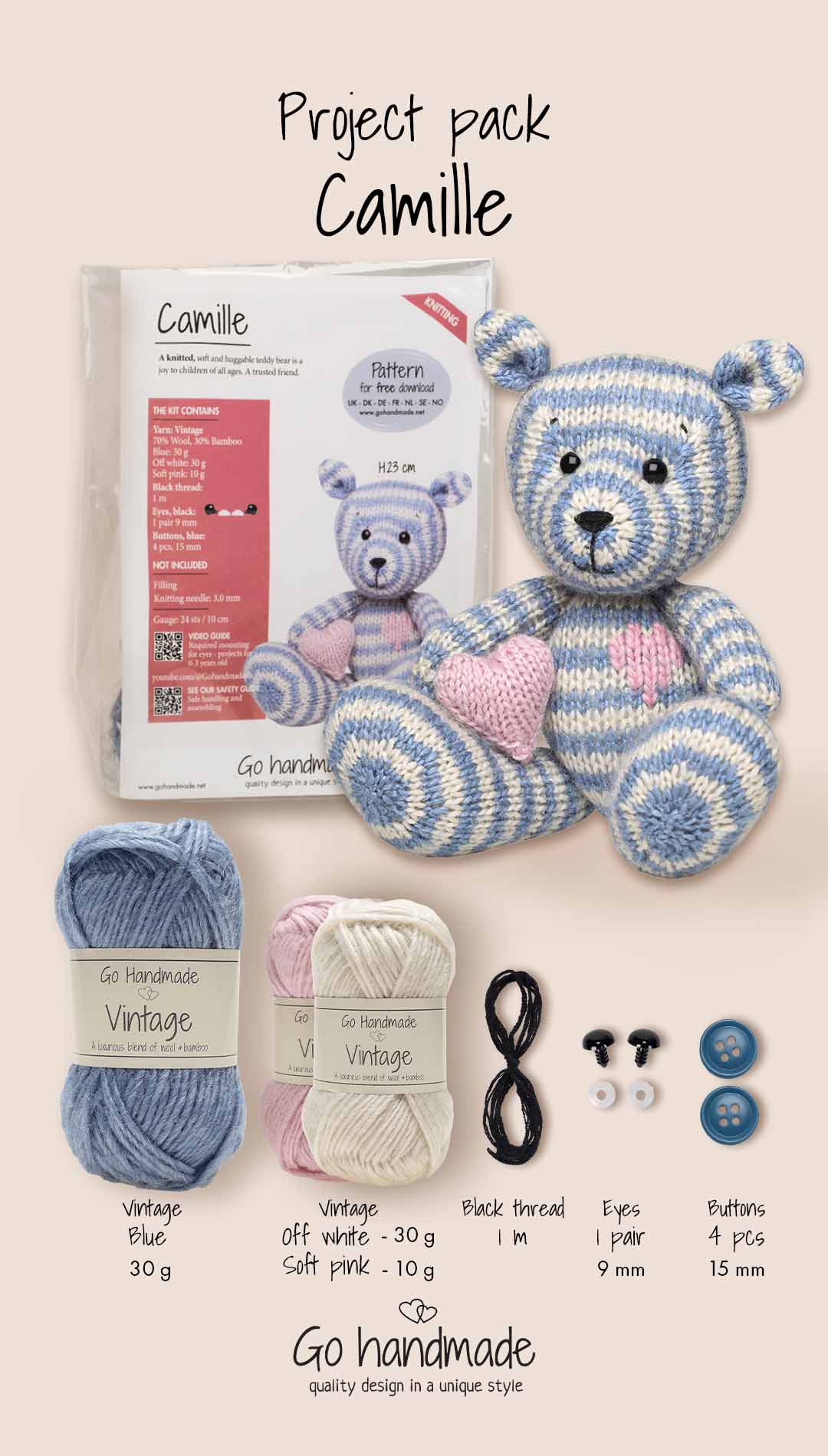 Go Handmade Camille heklesett 23 cm dukke