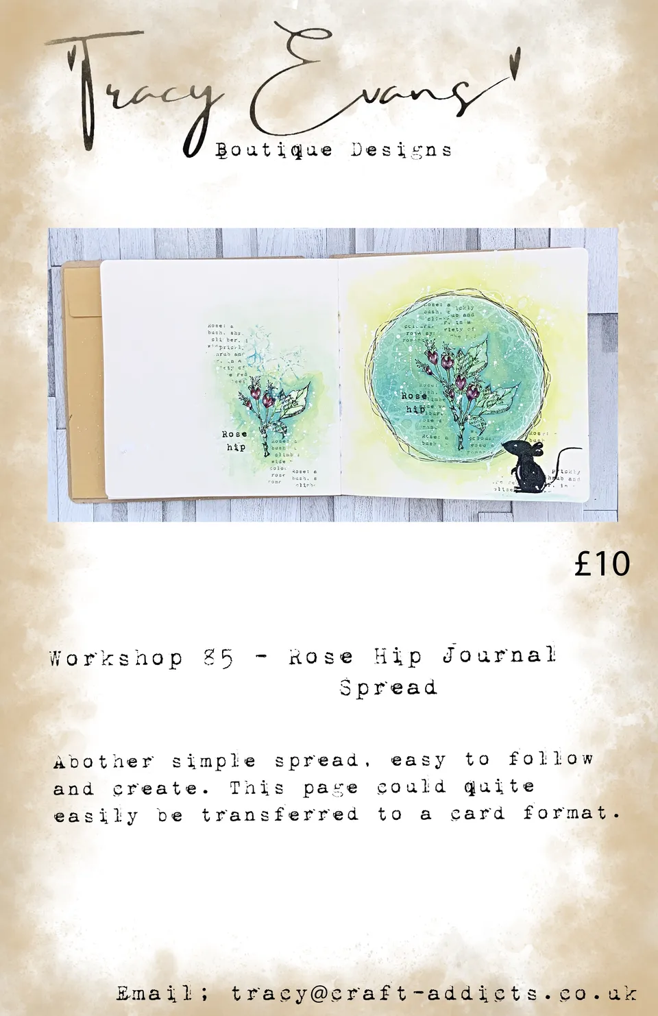 Tracy Evans Design Workshop 085 Rose Hip Journal Spread nettkurs