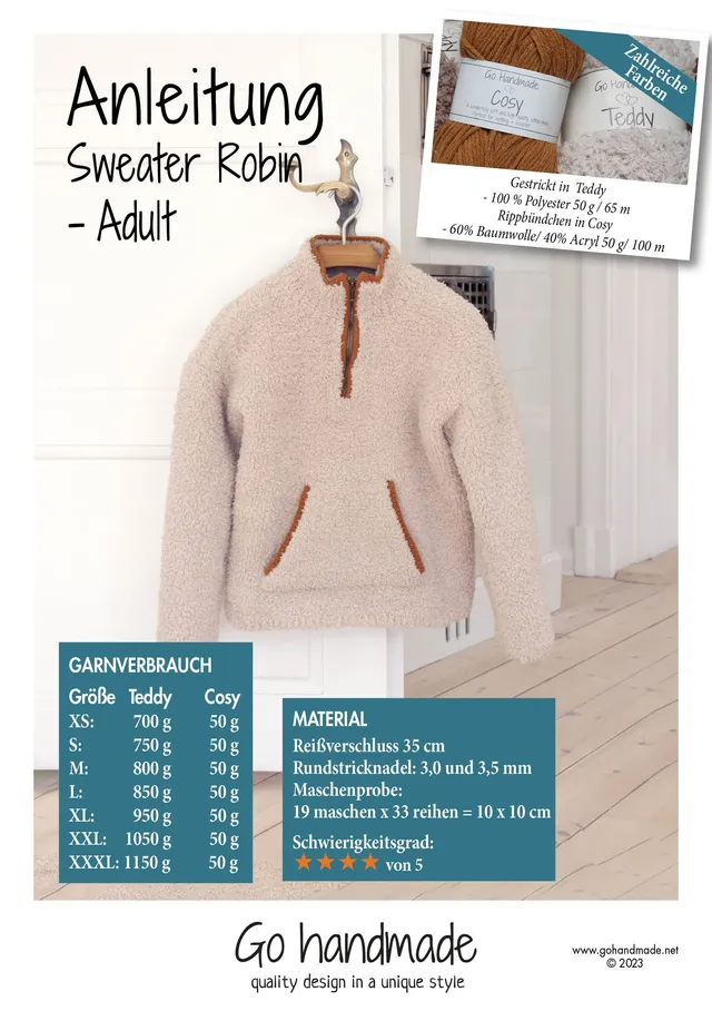Go Handmade Sweater Robin strikkeoppskrift voksen XS-XXXL