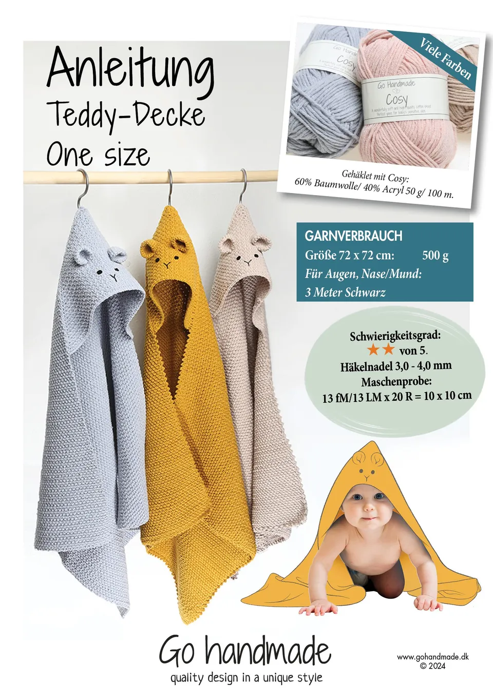 Go Handmade Teddy teppe hekleoppskrift tysk 72x72 cm