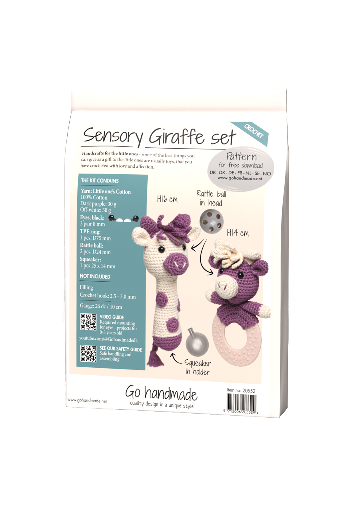 Go Handmade heklesett sansesjiraff med rangle og bitering