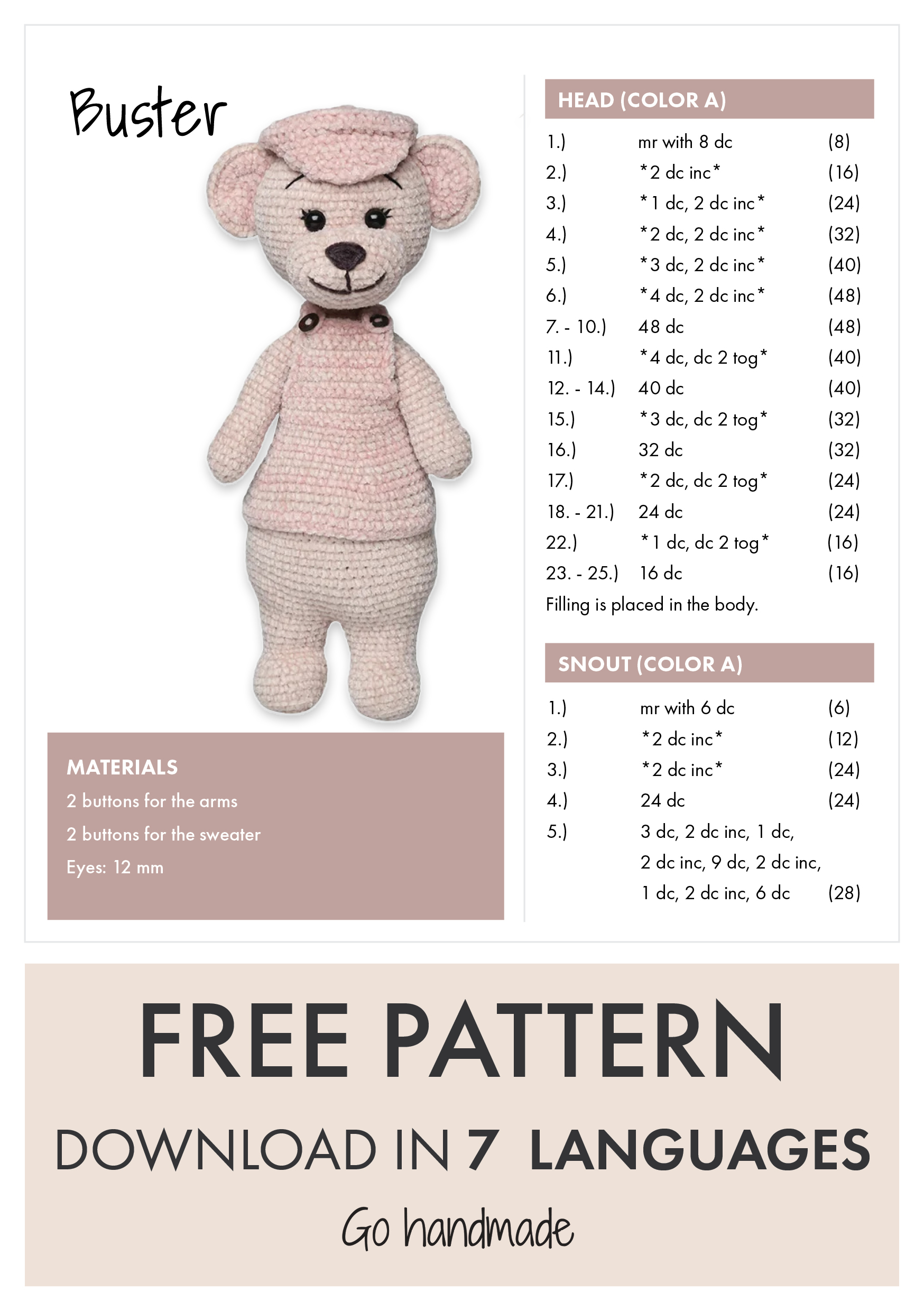 Go Handmade Buster heklesett 33 cm velour sand