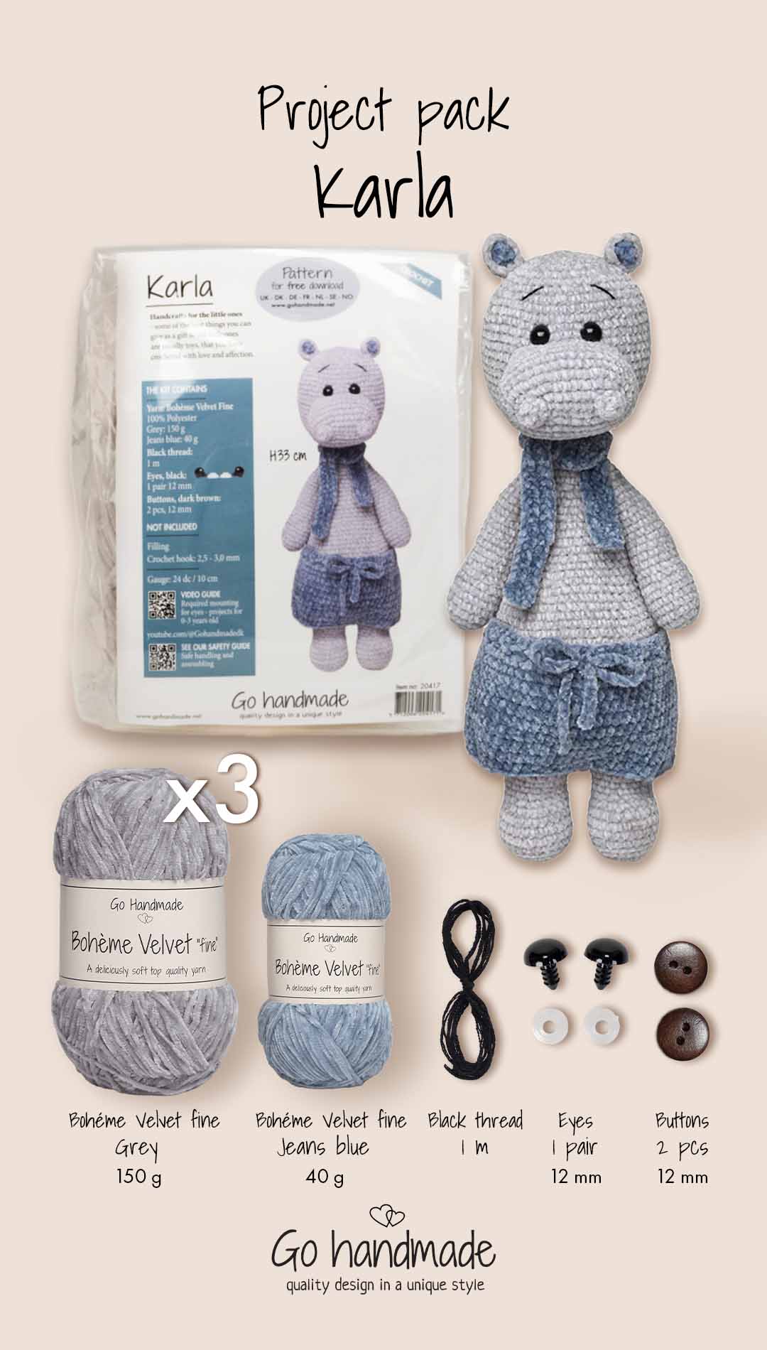 Go Handmade Karla heklesett 33 cm grå