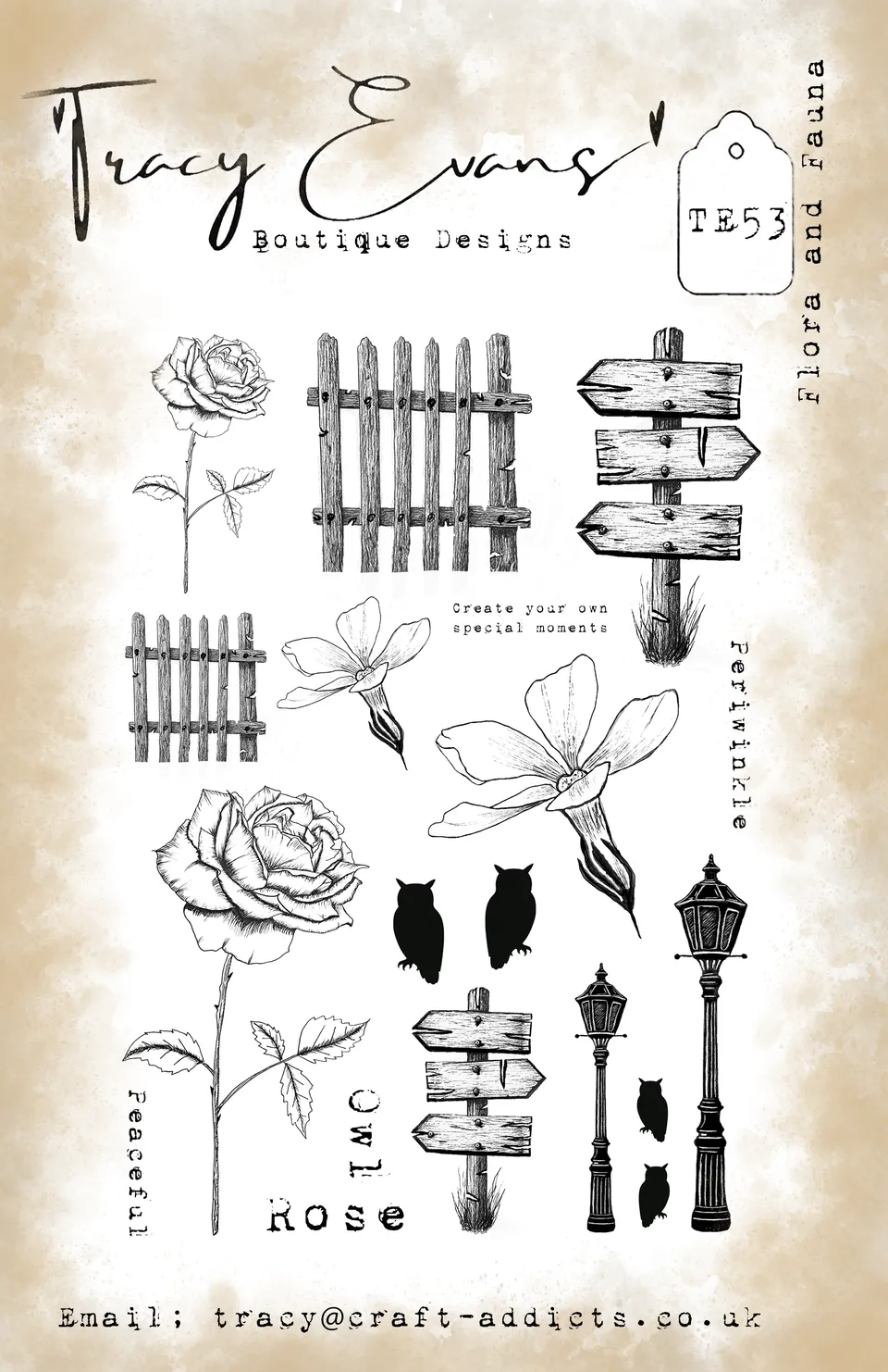 Tracy Evans Design TE053 Flora and Fauna stempel A5 rose