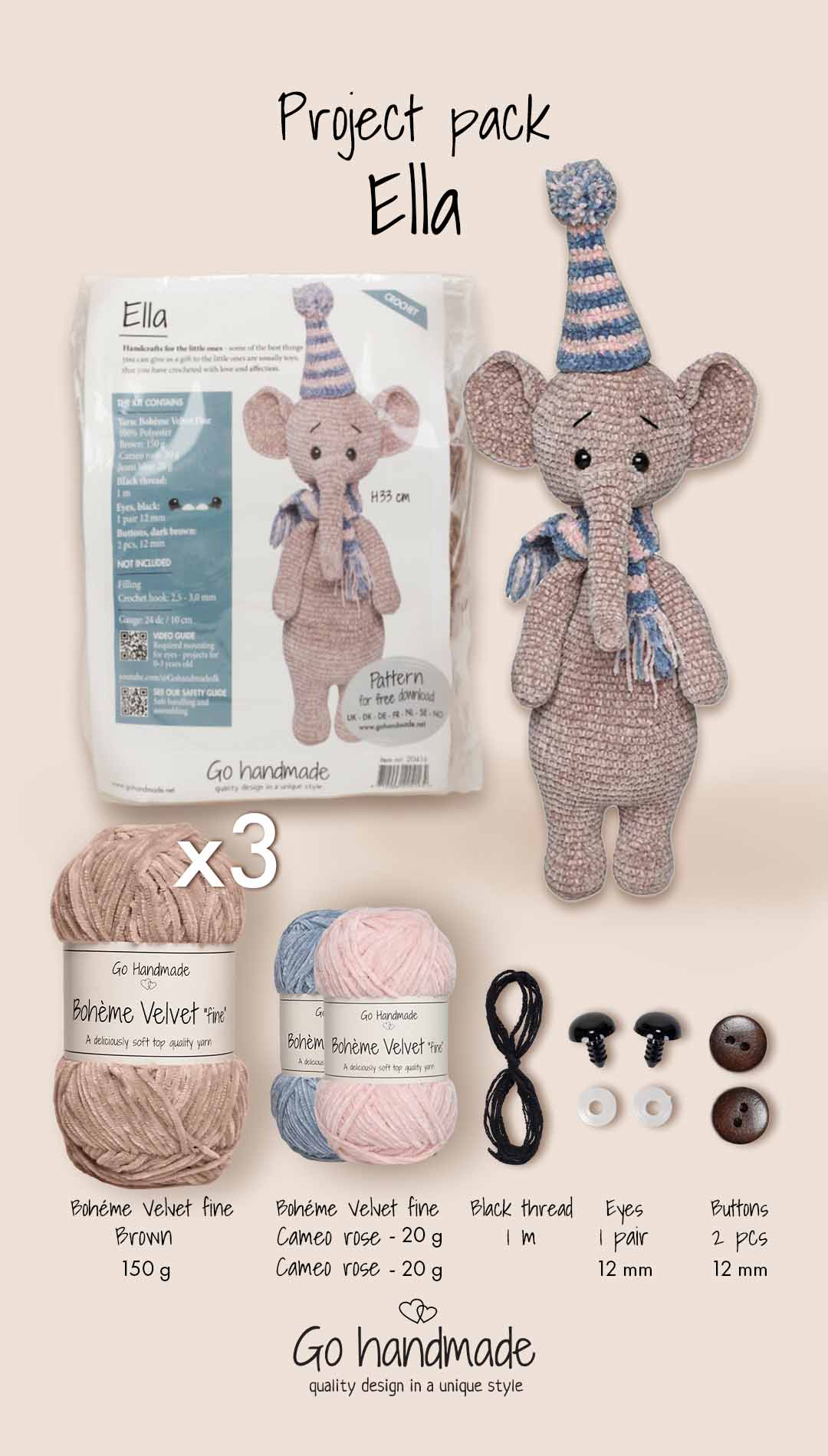 Go Handmade Ella H33 cm heklesett velourgarn