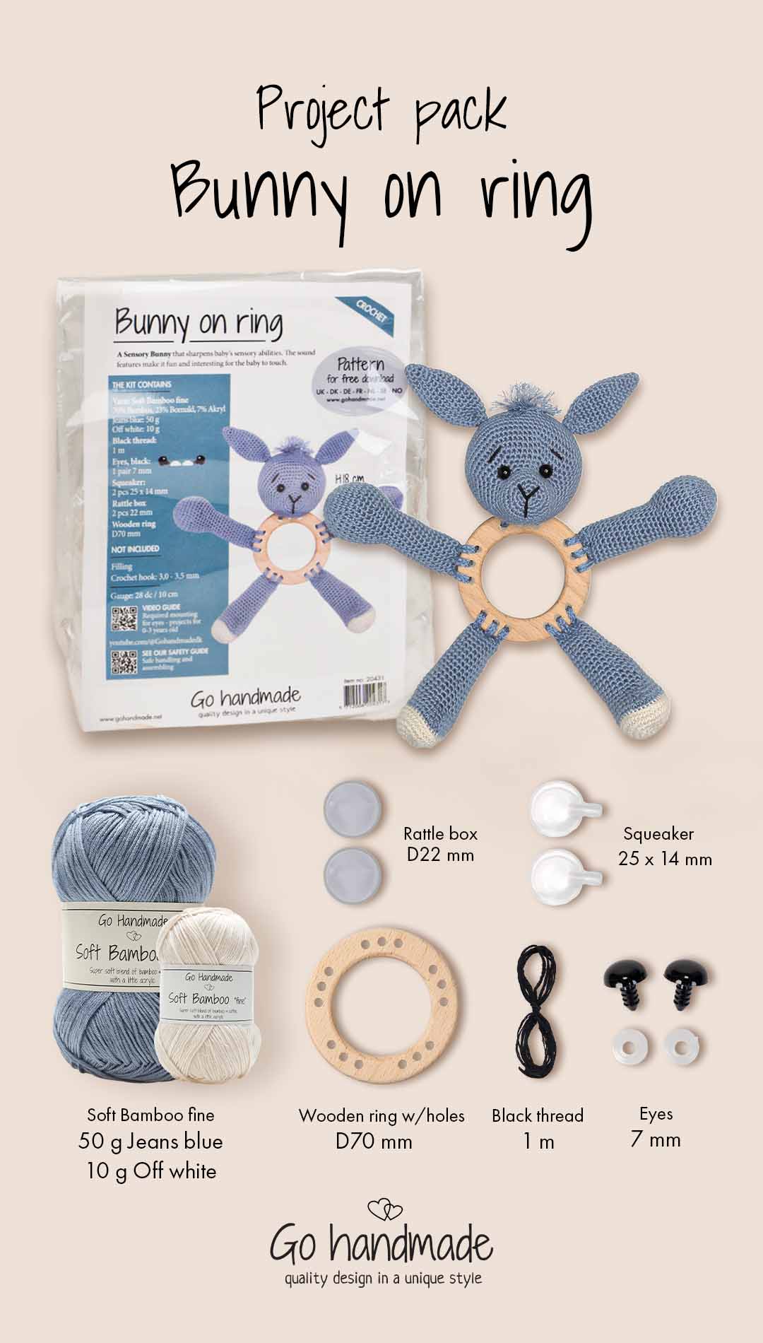 Go Handmade Bunny on Ring heklesett jeansblå 18 cm