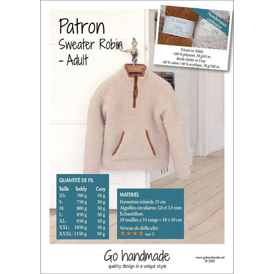 Go Handmade Robin genser strikkeoppskrift voksen XS-XXXL