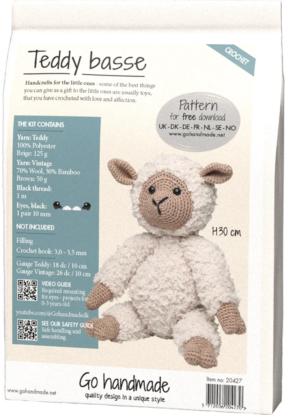 Go Handmade Teddy Basse heklesett bamse 30 cm beige