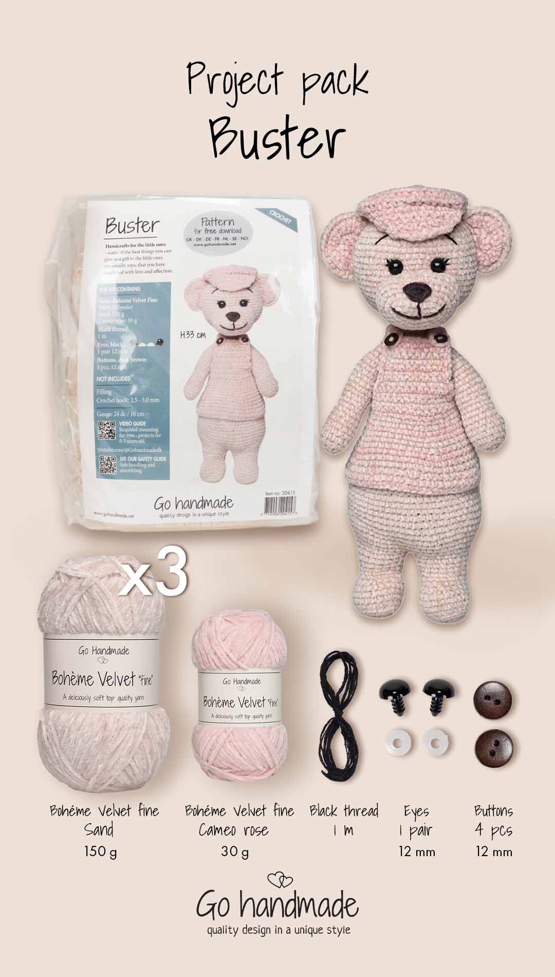 Go Handmade Buster heklesett 33 cm velour sand