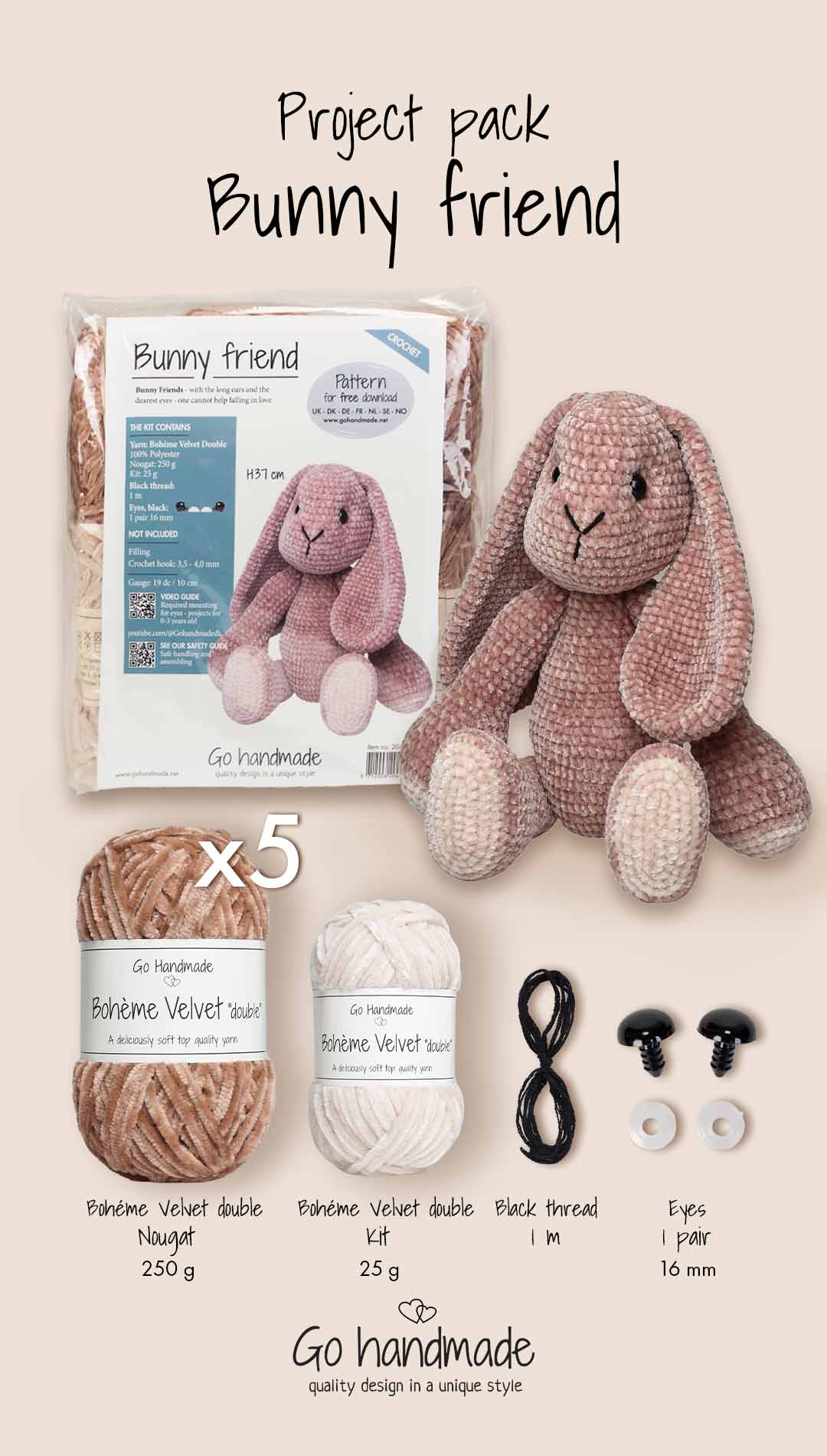 Go Handmade Bunny Friend H37 cm heklesett nougat