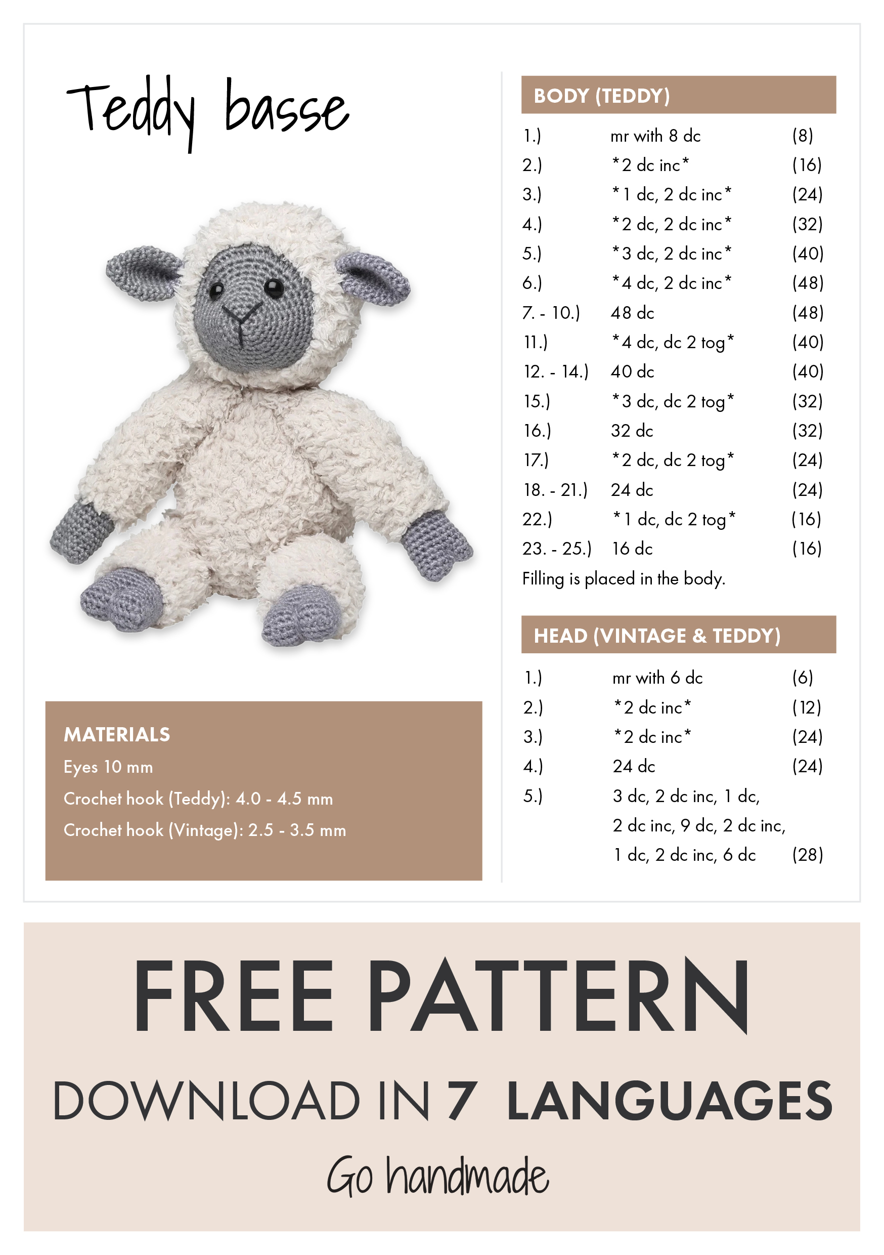 Go Handmade Teddy heklesett bamse beige grå 30 cm