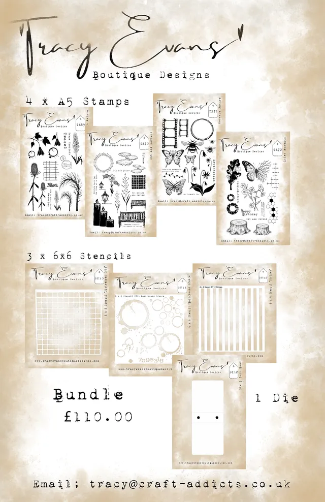 Tracy Evans Design B030 stempel- og sjablongpakke 12 deler