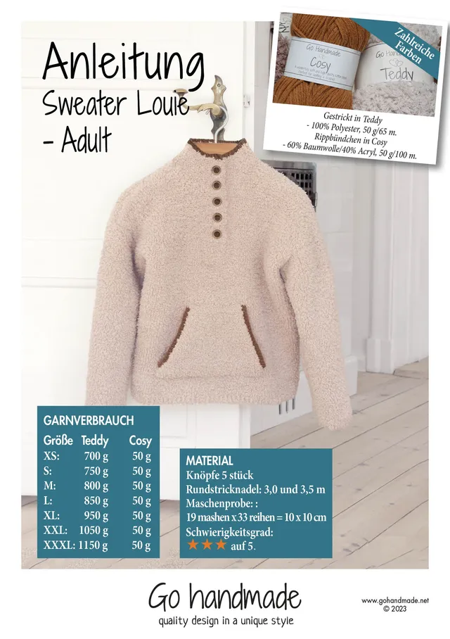 Go Handmade Sweater Louie Adult strikkeoppskrift XS-XXXL