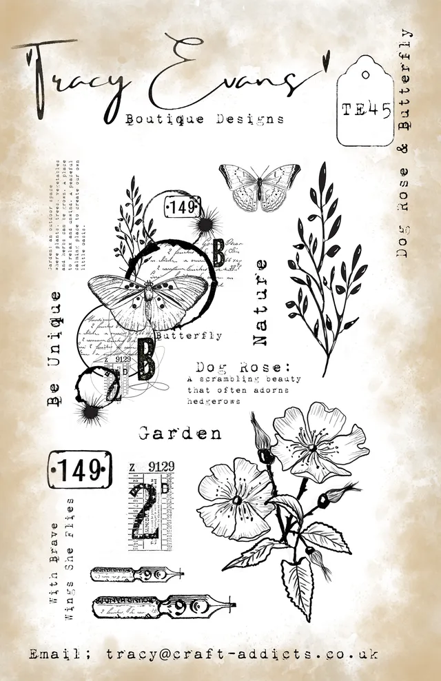 Tracy Evans Design TE045 Dog Rose stempel A5 sommerfugl