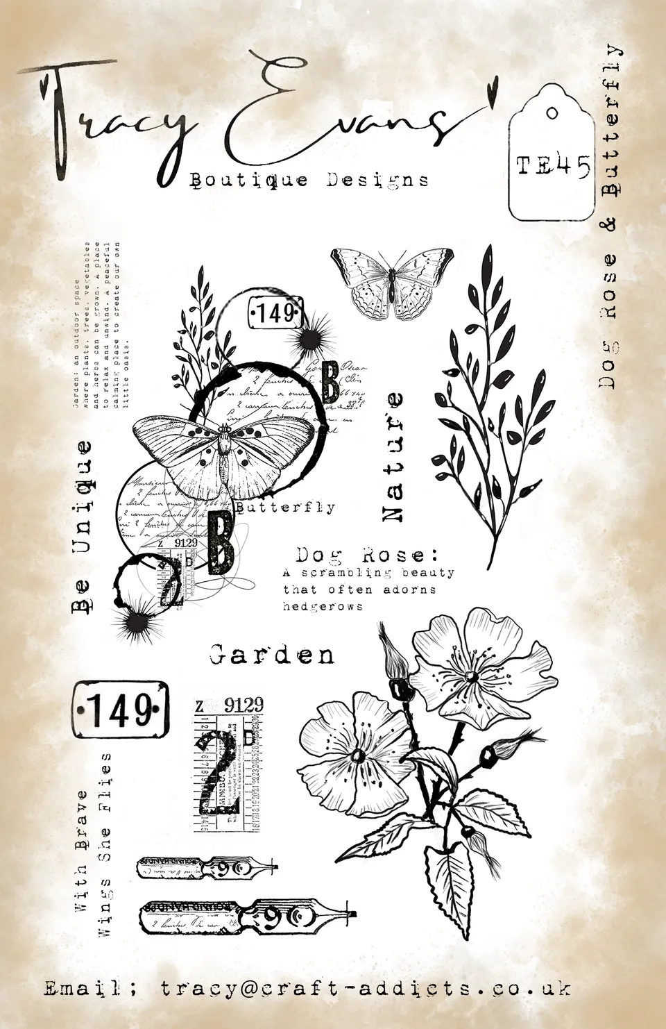 Tracy Evans Design TE045 Dog Rose stempel A5 sommerfugl