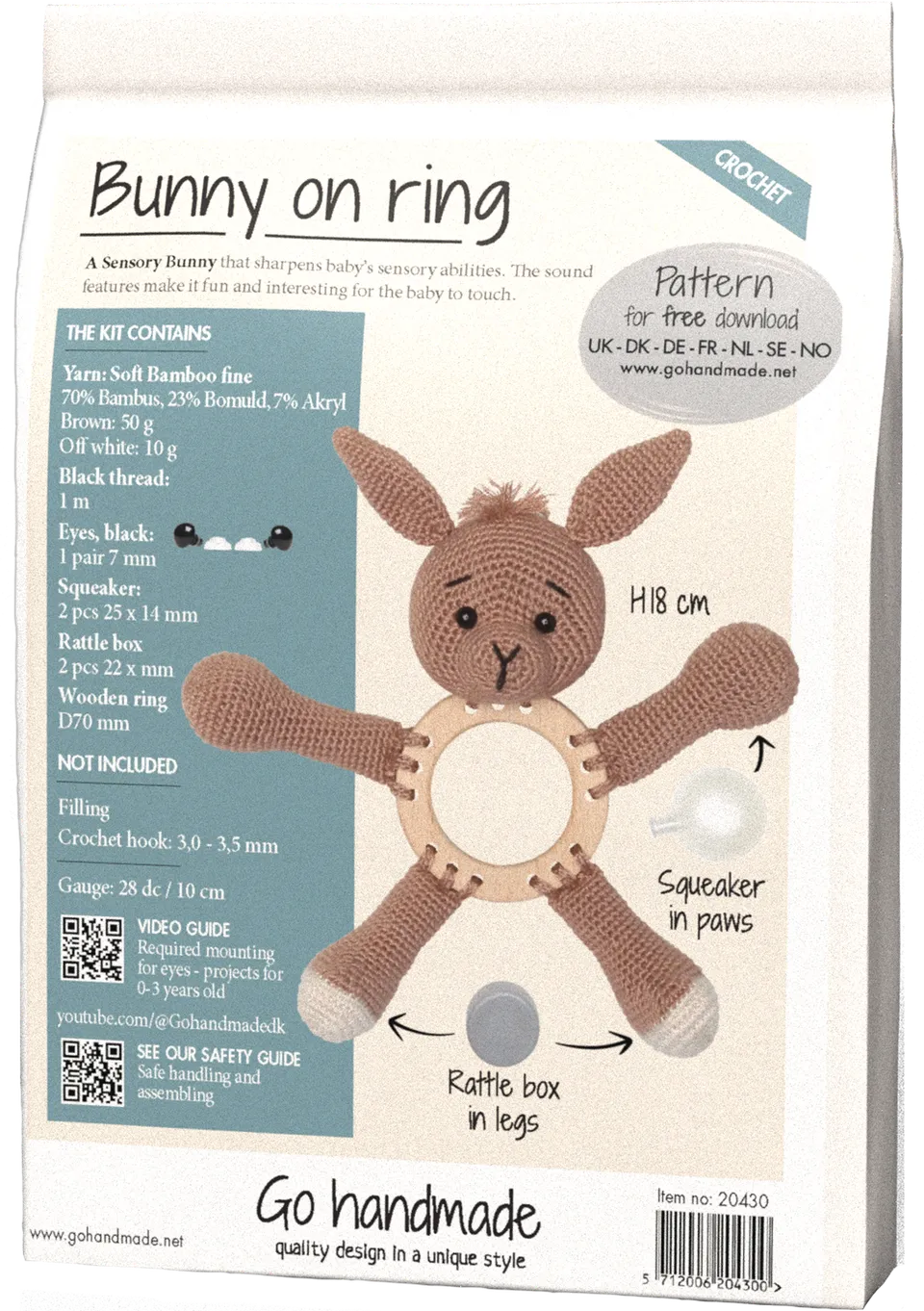 Go Handmade Bunny heklesett brun 18 cm ring