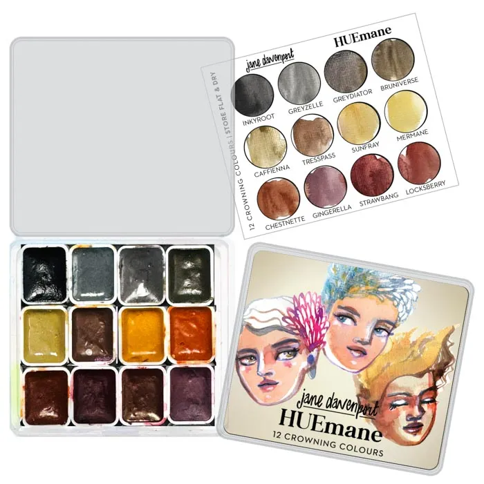 Jane Davenport HUEmane Pocket Palette akvarellpalett 12 farger