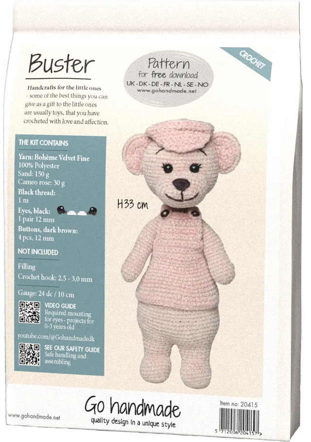 Go Handmade Buster H33 cm heklesett bamse velour