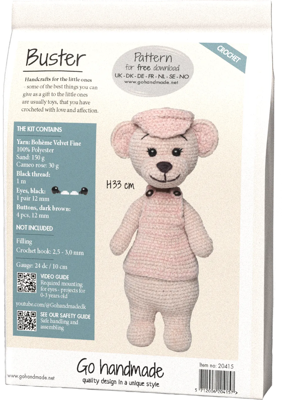 Go Handmade Buster heklesett 33 cm velour sand