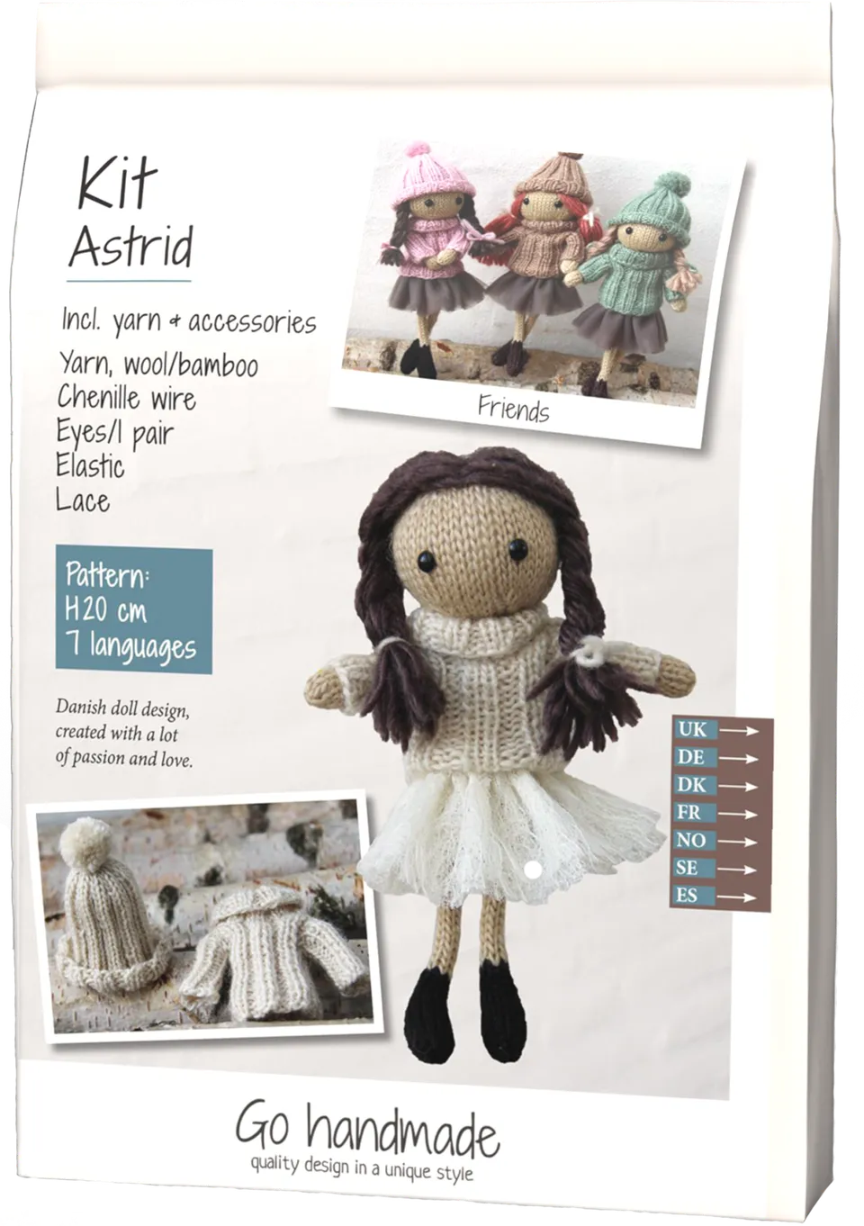 Go Handmade Astrid strikkesett dukke garn og tilbehør